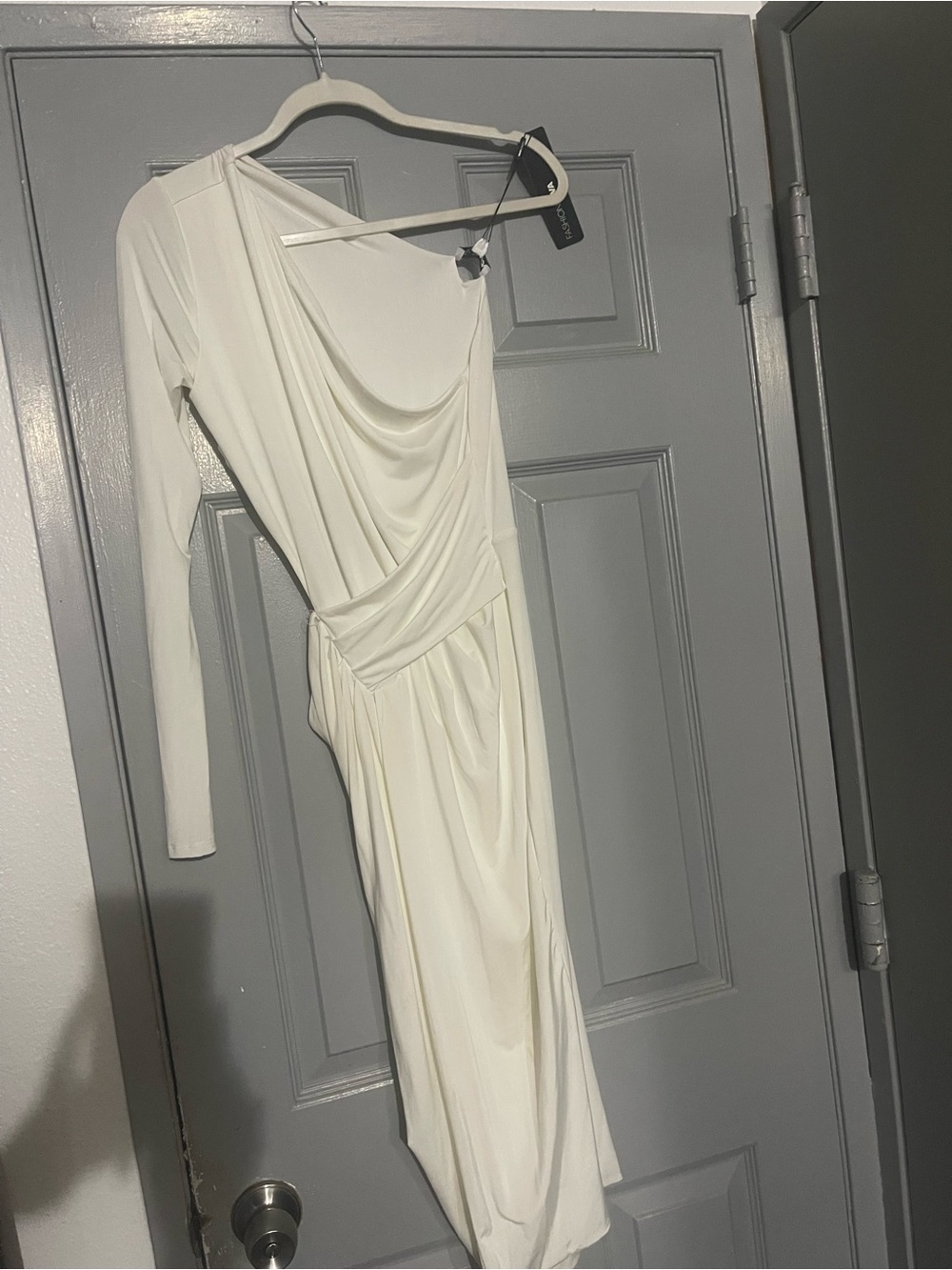Fashion Nova Ivory One-Shoulder Draped Midi Dress